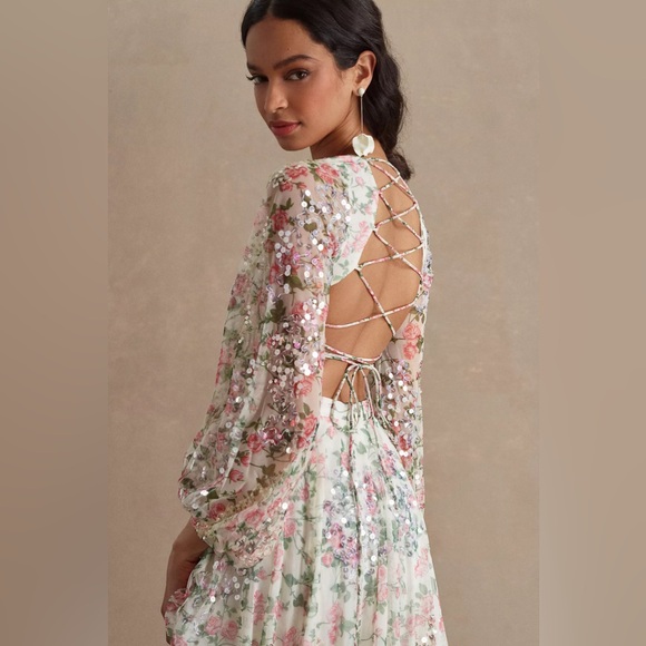 NWT A93746 Anthropologie Mac Duggal Sequined Floral Print Cutout Lace-Up Gown - Picture 2 of 7